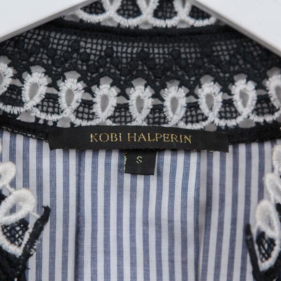 KOBI HALPERIN Skylyn Crochet Trimmed Navy Striped Bell Sleeve Blouse Sz S - Picture 8 of 9